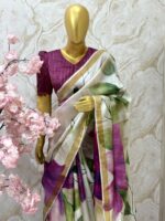 Ivory Linen Saree with Abstract Floral Print and Golden Border