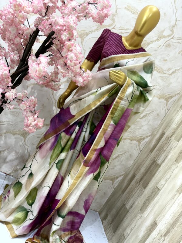 Ivory Linen Saree with Abstract Floral Print and Golden Border