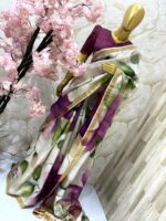 Ivory Linen Saree with Abstract Floral Print and Golden Border