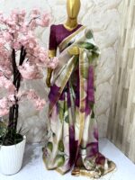 Ivory Linen Saree with Abstract Floral Print and Golden Border