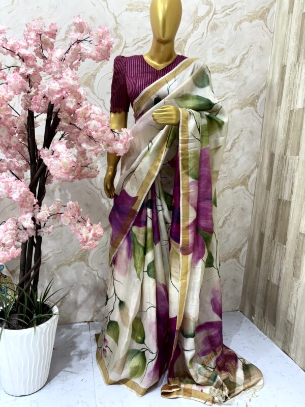 Ivory Linen Saree with Abstract Floral Print and Golden Border