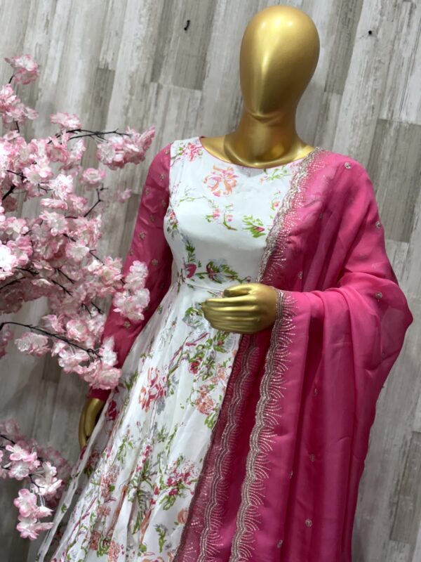 Elegant White Floral Anarkali with Hot Pink Dupatta