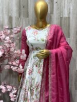 Elegant White Floral Anarkali with Hot Pink Dupatta