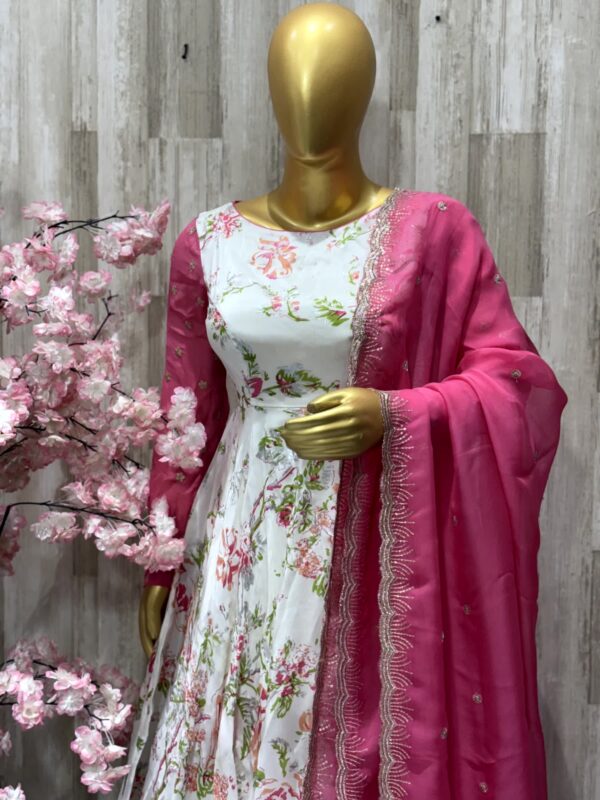 Elegant White Floral Anarkali with Hot Pink Dupatta