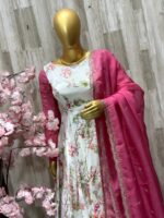 Elegant White Floral Anarkali with Hot Pink Dupatta