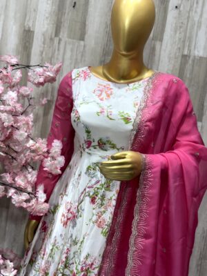 Elegant White Floral Anarkali with Hot Pink Dupatta
