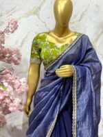 Elegant Navy Blue Organza Saree with Contrast Green Blouse