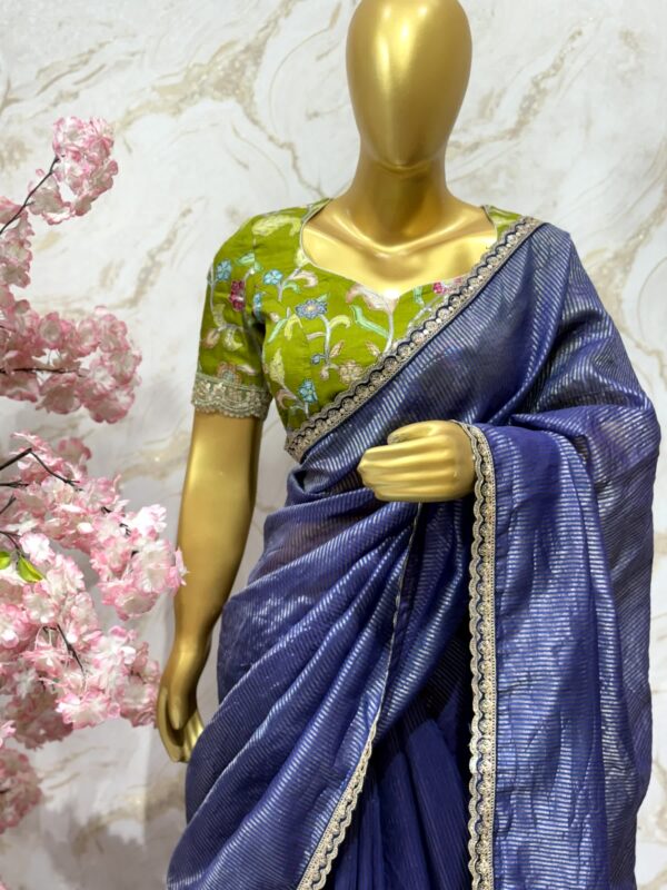 Elegant Navy Blue Organza Saree with Contrast Green Blouse