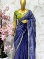 Elegant Navy Blue Organza Saree with Contrast Green Blouse