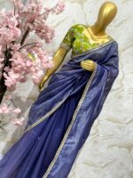 Elegant Navy Blue Organza Saree with Contrast Green Blouse