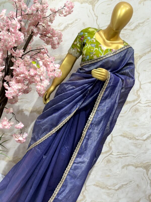 Elegant Navy Blue Organza Saree with Contrast Green Blouse