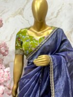 Elegant Navy Blue Organza Saree with Contrast Green Blouse