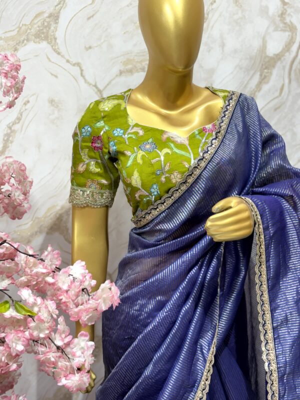 Elegant Navy Blue Organza Saree with Contrast Green Blouse