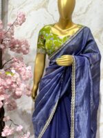 Elegant Navy Blue Organza Saree with Contrast Green Blouse