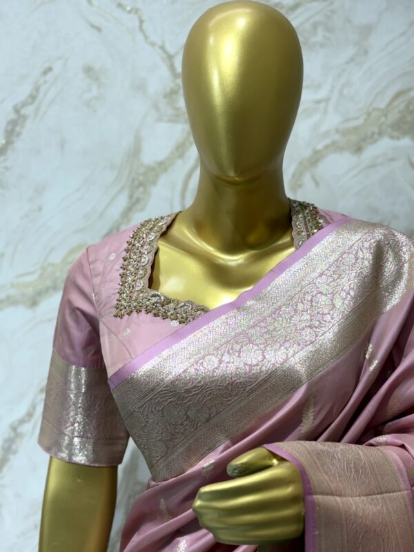 Elegant Baby Pink Banarasi Silk Saree with Silver Zari Border