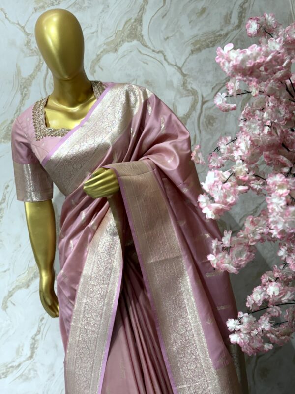 Elegant Baby Pink Banarasi Silk Saree with Silver Zari Border