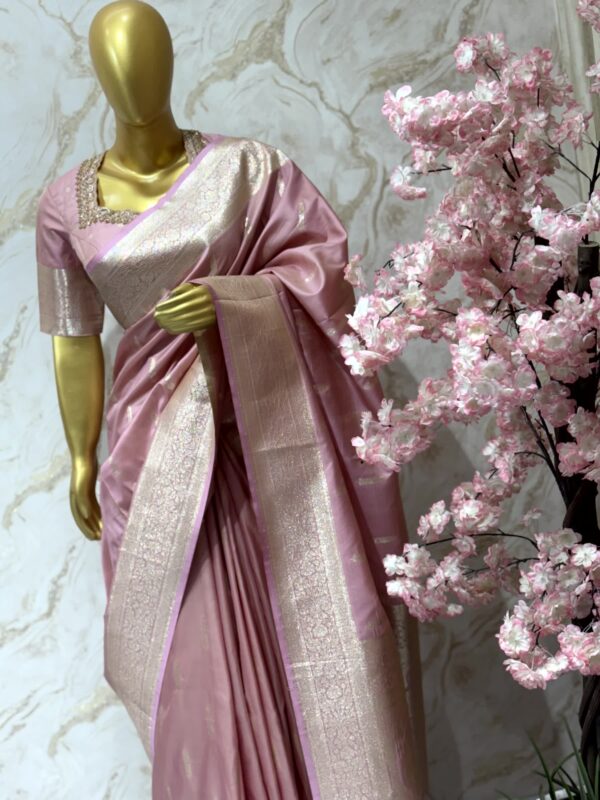 Elegant Baby Pink Banarasi Silk Saree with Silver Zari Border