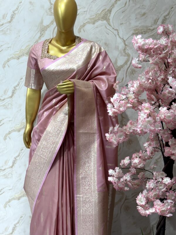 Elegant Baby Pink Banarasi Silk Saree with Silver Zari Border