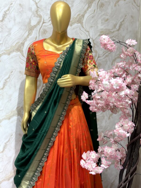Orange & Green Embroidered Lehenga Set with Contrast Dupatta