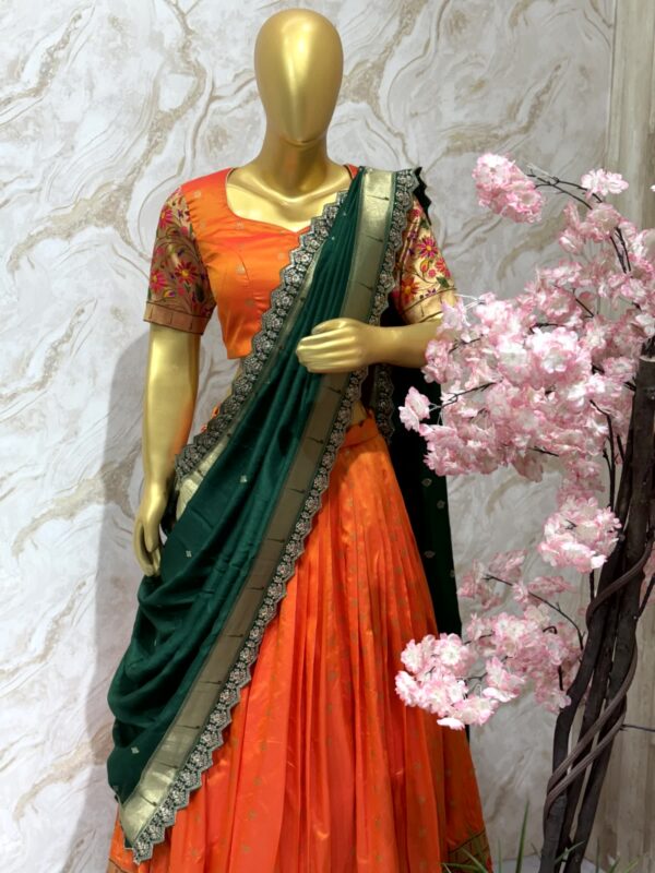 Orange & Green Embroidered Lehenga Set with Contrast Dupatta