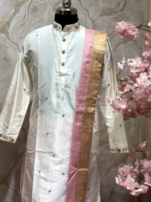 Regal White Silk Kurta Set with Pink & Gold Zari Dupatta