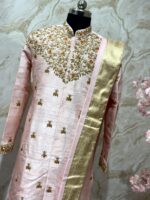 Pure raw silk blush Pink Embroidered Sherwani Set with Gold Zari Kanduva