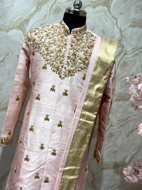 Pure raw silk blush Pink Embroidered Sherwani Set with Gold Zari Kanduva