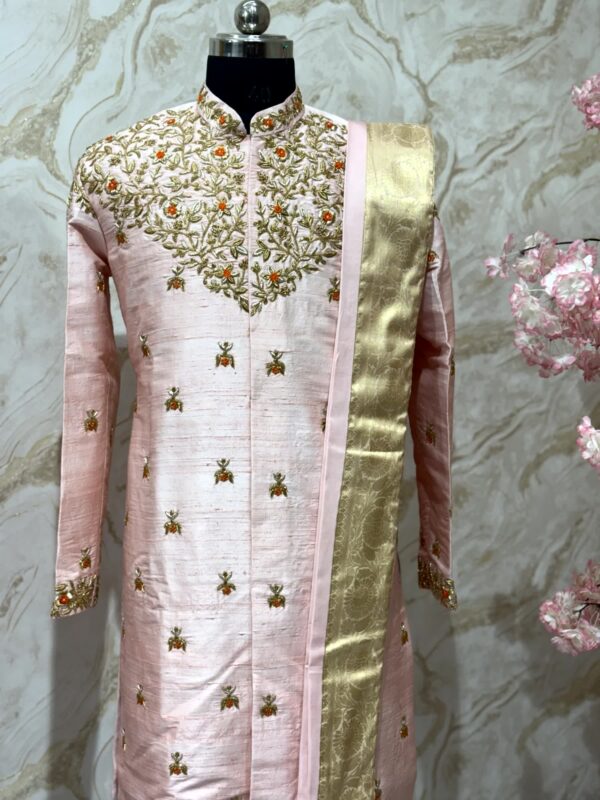 Pure raw silk blush Pink Embroidered Sherwani Set with Gold Zari Kanduva