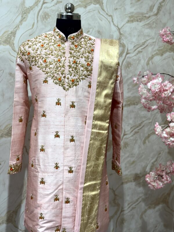 Pure raw silk blush Pink Embroidered Sherwani Set with Gold Zari Kanduva