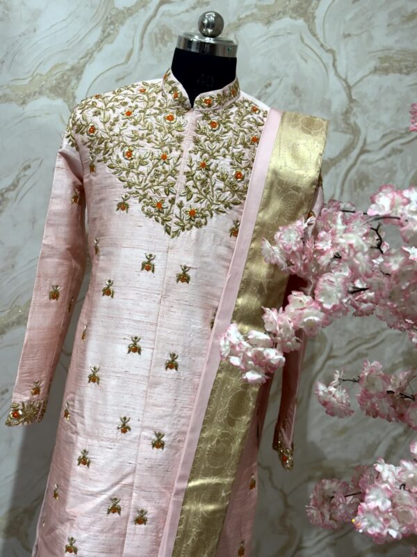 Pure raw silk blush Pink Embroidered Sherwani Set with Gold Zari Kanduva