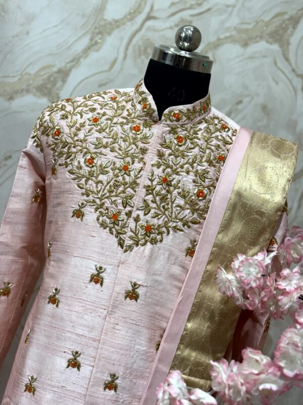 Pure raw silk blush Pink Embroidered Sherwani Set with Gold Zari Kanduva