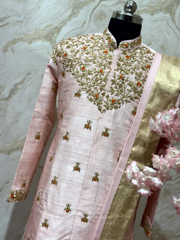 Pure raw silk blush Pink Embroidered Sherwani Set with Gold Zari Kanduva
