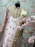 Pure raw silk blush Pink Embroidered Sherwani Set with Gold Zari Kanduva