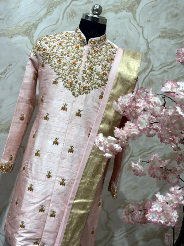 Pure raw silk blush Pink Embroidered Sherwani Set with Gold Zari Kanduva