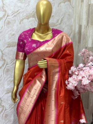 Classic Red Kanchipuram Silk Saree with Contrast Magenta Blouse