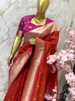 Classic Red Kanchipuram Silk Saree with Contrast Magenta Blouse