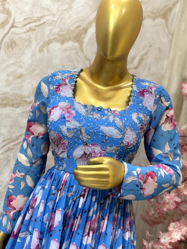 Sky Blue Floral Georgette Gown with Hand Embellished Yoke