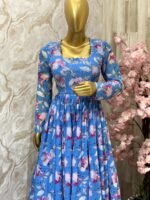 Sky Blue Floral Georgette Gown with Hand Embellished Yoke