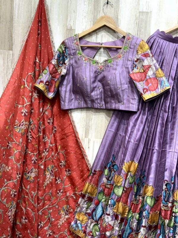 Lavender Madhubani Art Silk Lehenga Set with Contrast Red Dupatta