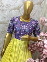 Purple Floral Embroidered Blouse with Yellow Pleated Gown