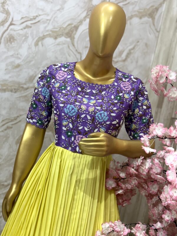 Purple Floral Embroidered Blouse with Yellow Pleated Gown