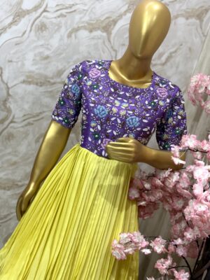 Purple Floral Embroidered Blouse with Yellow Pleated Gown