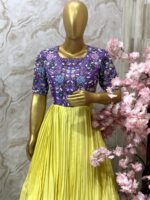 Purple Floral Embroidered Blouse with Yellow Pleated Gown