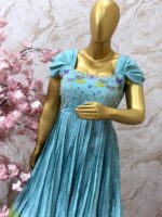 Sky Blue Pleated Gown with Pastel Floral Embroidery