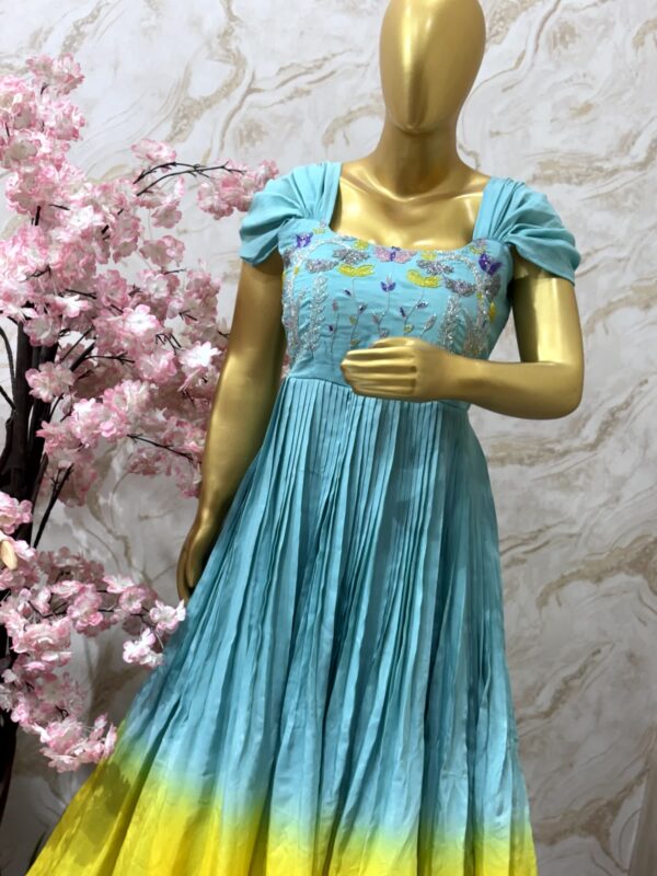 Sky Blue Pleated Gown with Pastel Floral Embroidery