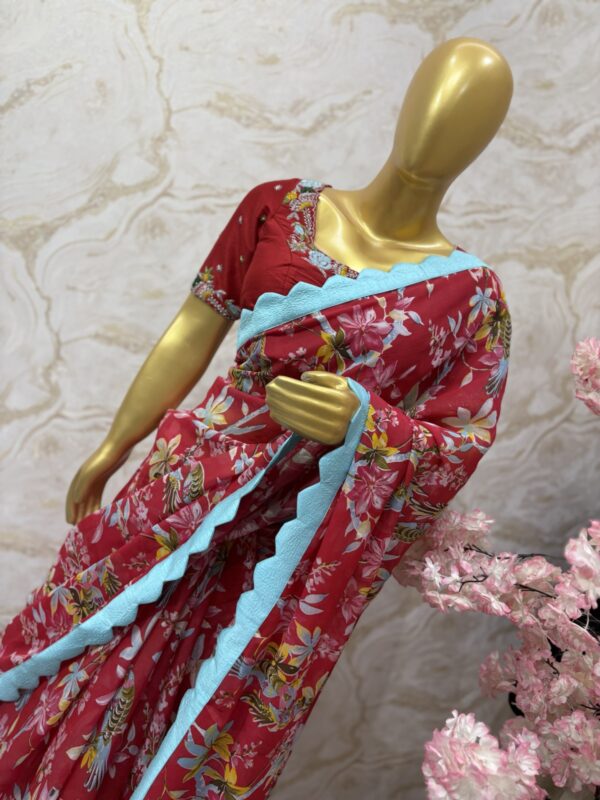 Red Floral Georgette Saree with Blue Scallop Border