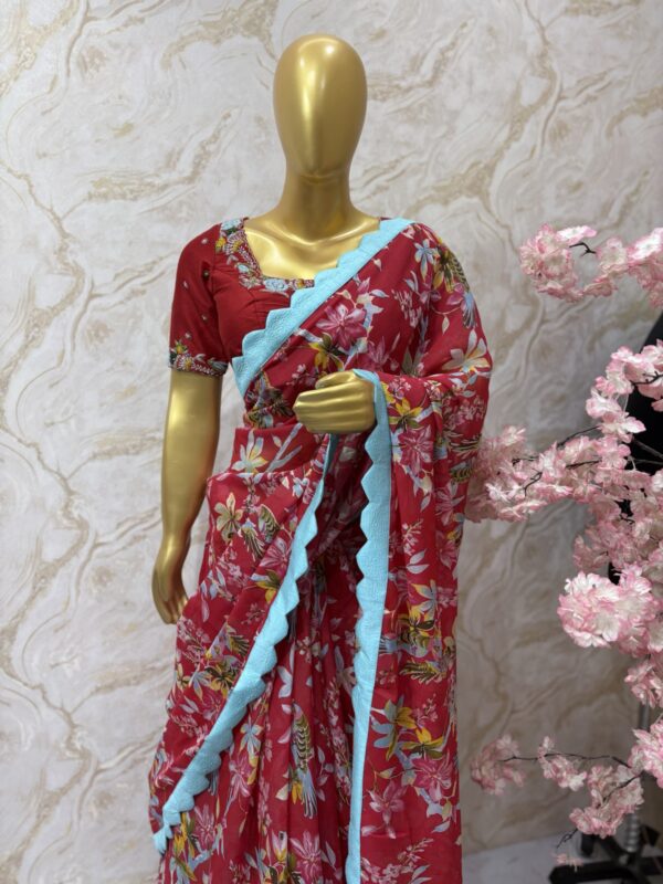Red Floral Georgette Saree with Blue Scallop Border