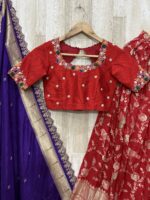 Royal Red Munga Crepe Lehenga with Maggam Blouse & Purple Dupatta
