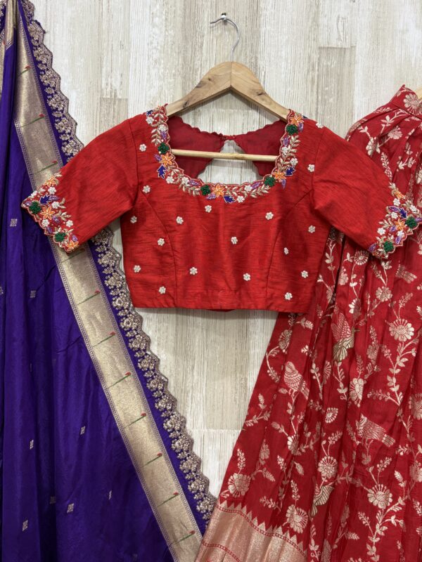 Royal Red Munga Crepe Lehenga with Maggam Blouse & Purple Dupatta