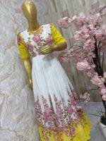 White Georgette Gown with Pink Floral & Yellow Charm